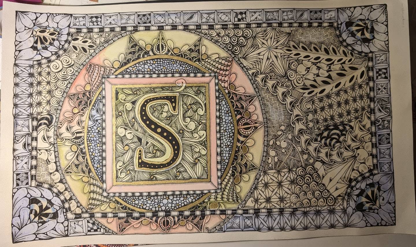Hand-drawn illuminated letter S surrounded by intricate Zentangle borders in gold and pastel tones