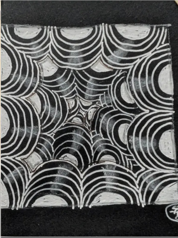 White hand-drawn repeating line patterns and shaded forms on black paper