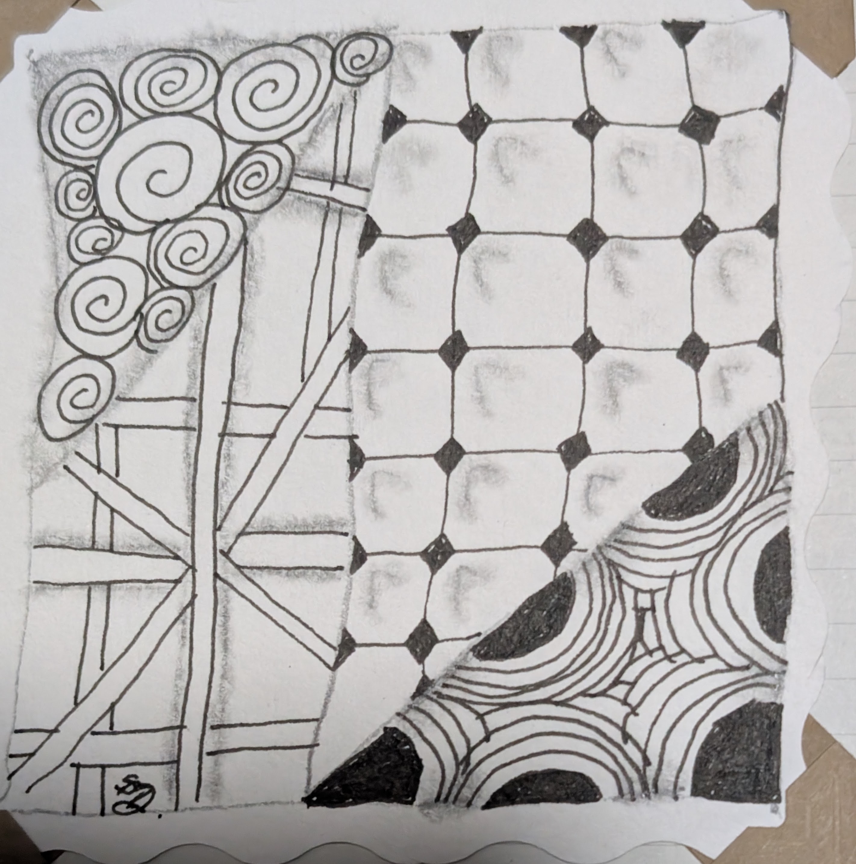 A basic Zentangle tile drawn in black pen, showing structured tangle patterns